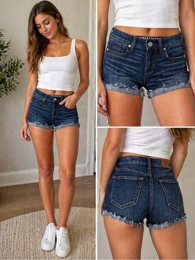 American Eagle Outfitters Dark Blue Denim Frayed Hem Jean Shorts